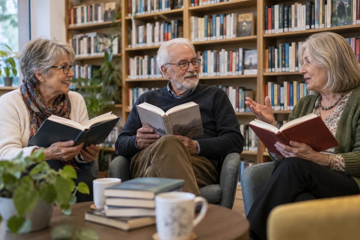 Trois seniors échangent autour de livres dans une bibliothèque