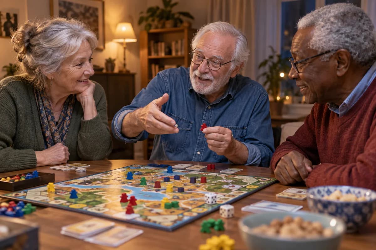 Trois seniors jouent ensemble à un jeu de société