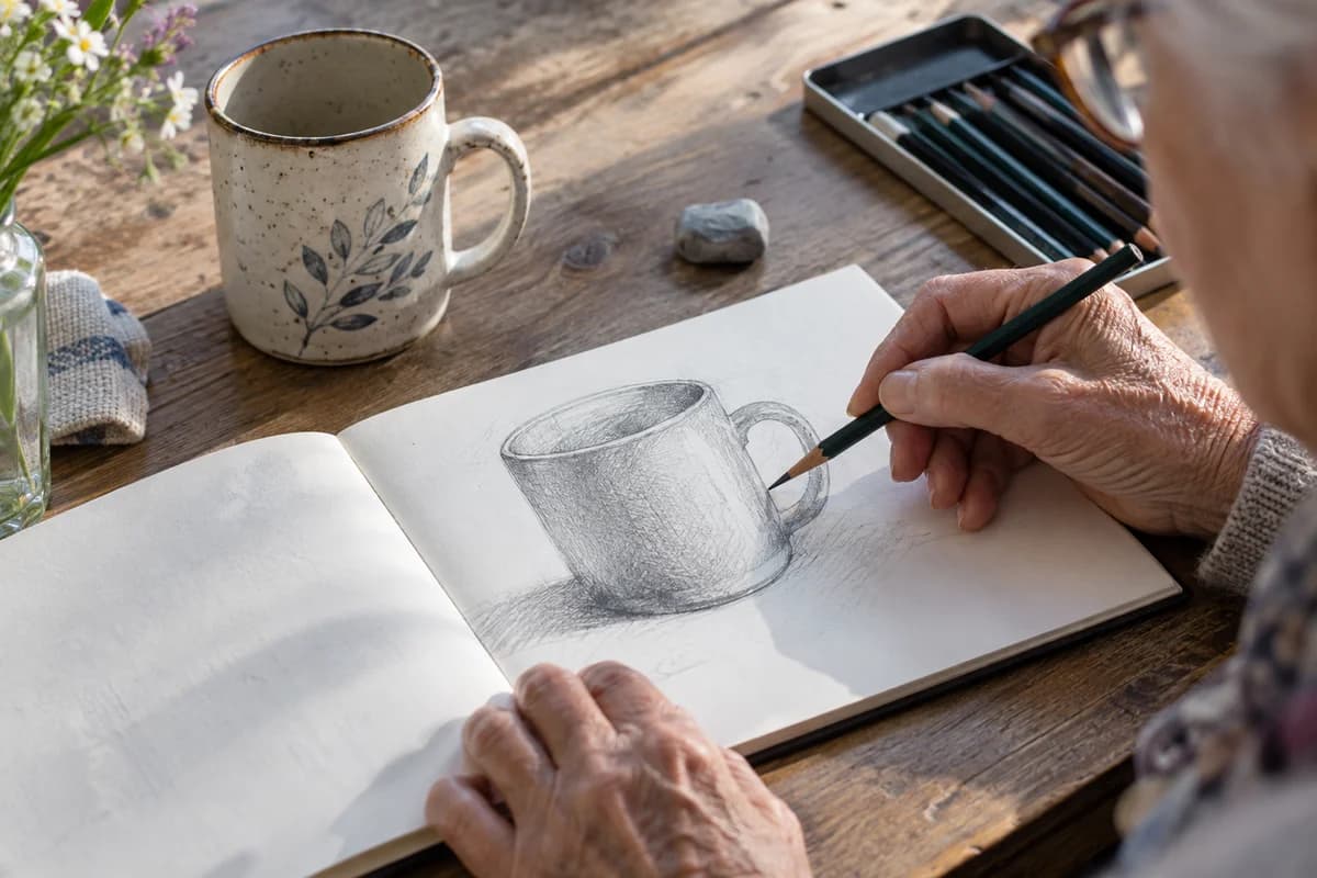 Mains d’un senior dessinant dans un carnet