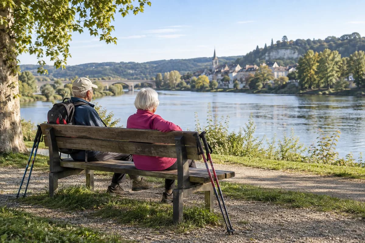 Deux seniors se reposent ensemble sur un banc face à la rivière