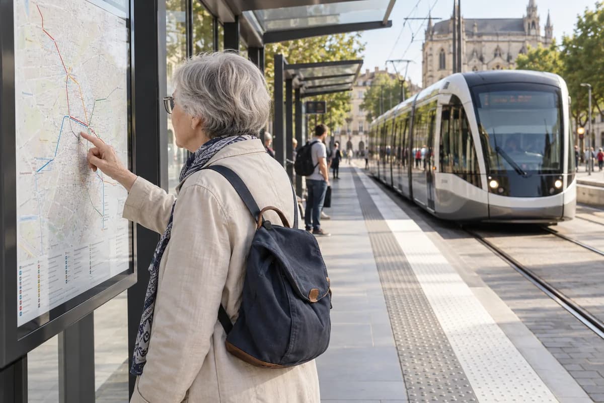 Une senior consulte un plan de transport en ville